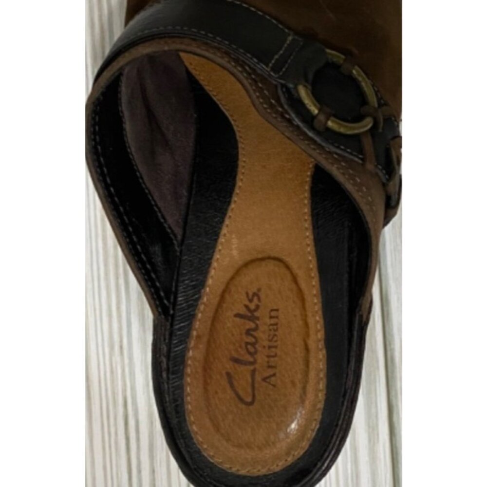 Clarks Artisan Brown Leather Heeled Mules 7.5M Platform Shoes 2" Chunky - Picture 11 of 11